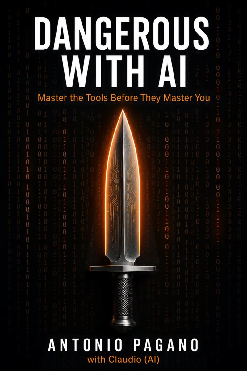 Cover of Dangerous with AI: Master the Tools Before They Master You, by Antonio Pagano with Claudio (AI). A glowing dagger on a field of binary code.