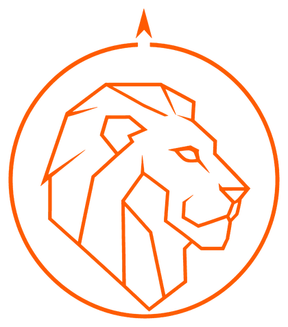 Here Be Lions Press lion mark: a lion inside a compass ring with a north arrow